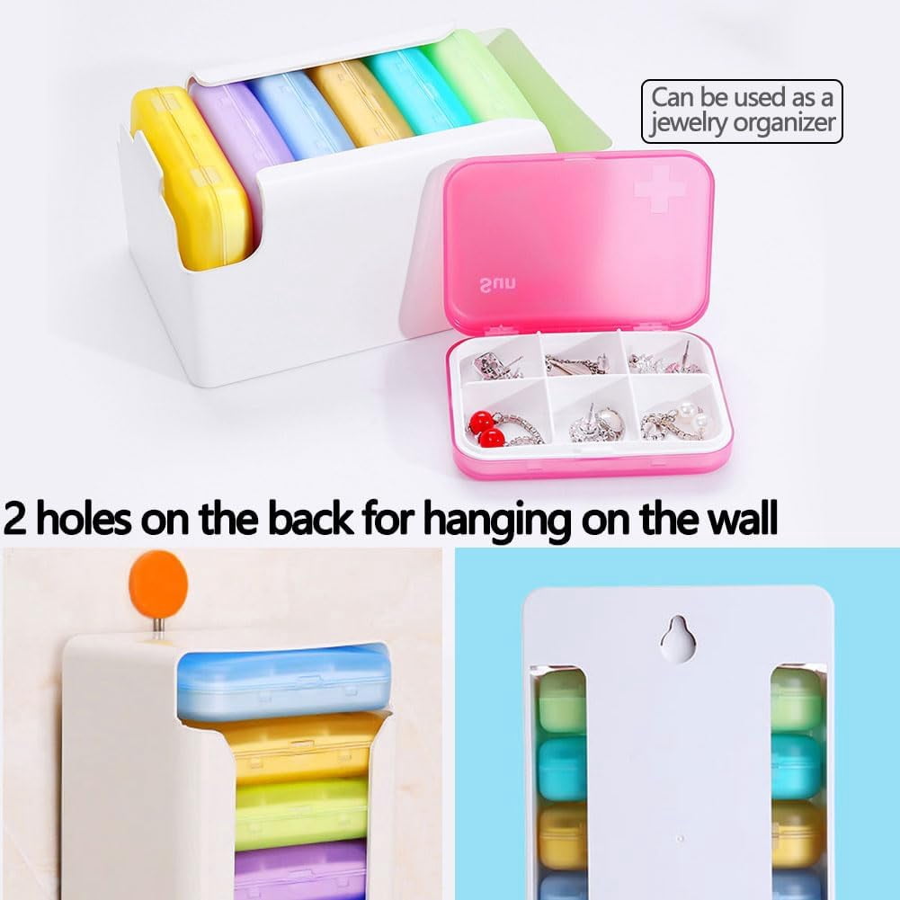 7 Piece Set Pill Organizer 6 Times a Day, Weekly Pill Case, Pill Organizer with Labels, Travel Pill Dispenser 7 Day with 42 Copartments for Medication/Vitamin/Fish Oil/Supplements - Rainbow Colors