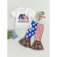 thumbnail image 2 of Toddler Kid Girls Pants Set, Short Sleeve Crew Neck Letters Print T-shirt with Stars Stripes Leopard Flare Pants, 2 of 8