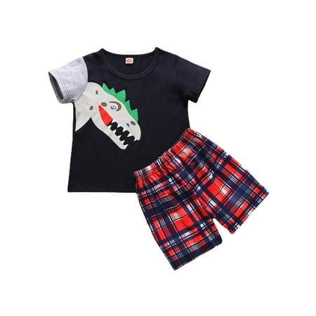 

One opening Toddler Boy s O-neck Short Sleeve Shirt + Plaid Printing Pants Set