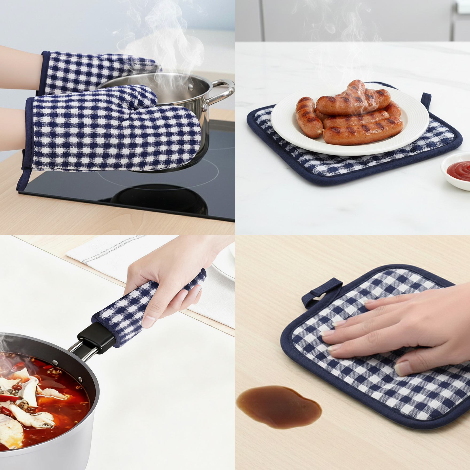 Unique Bargains Pot Holders Set Heat Resistant Oven Mitts Blue 9.8x6.7inch