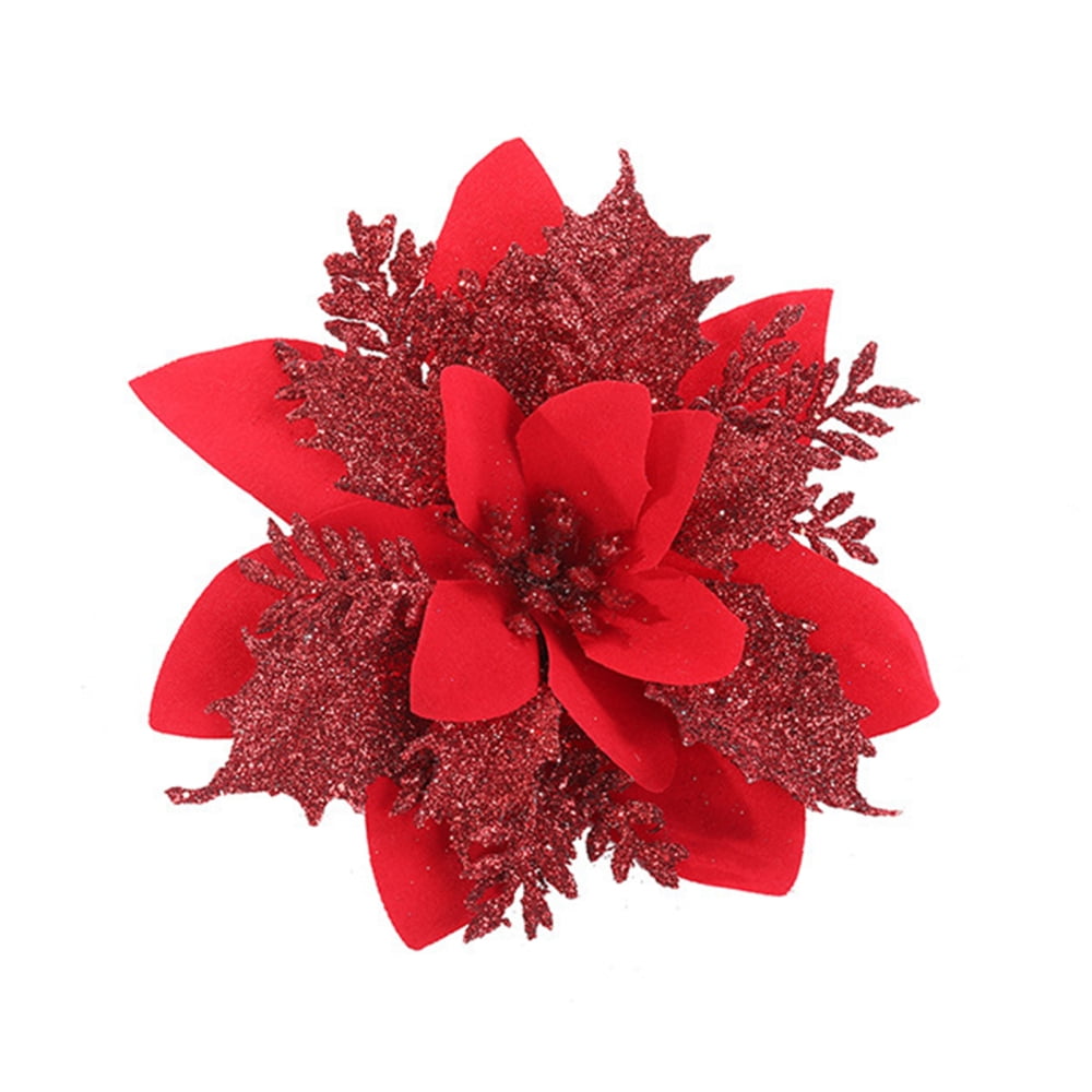 Set of 5 Poinsettia Artificial Flowers Assorted Glitter Silk Flower