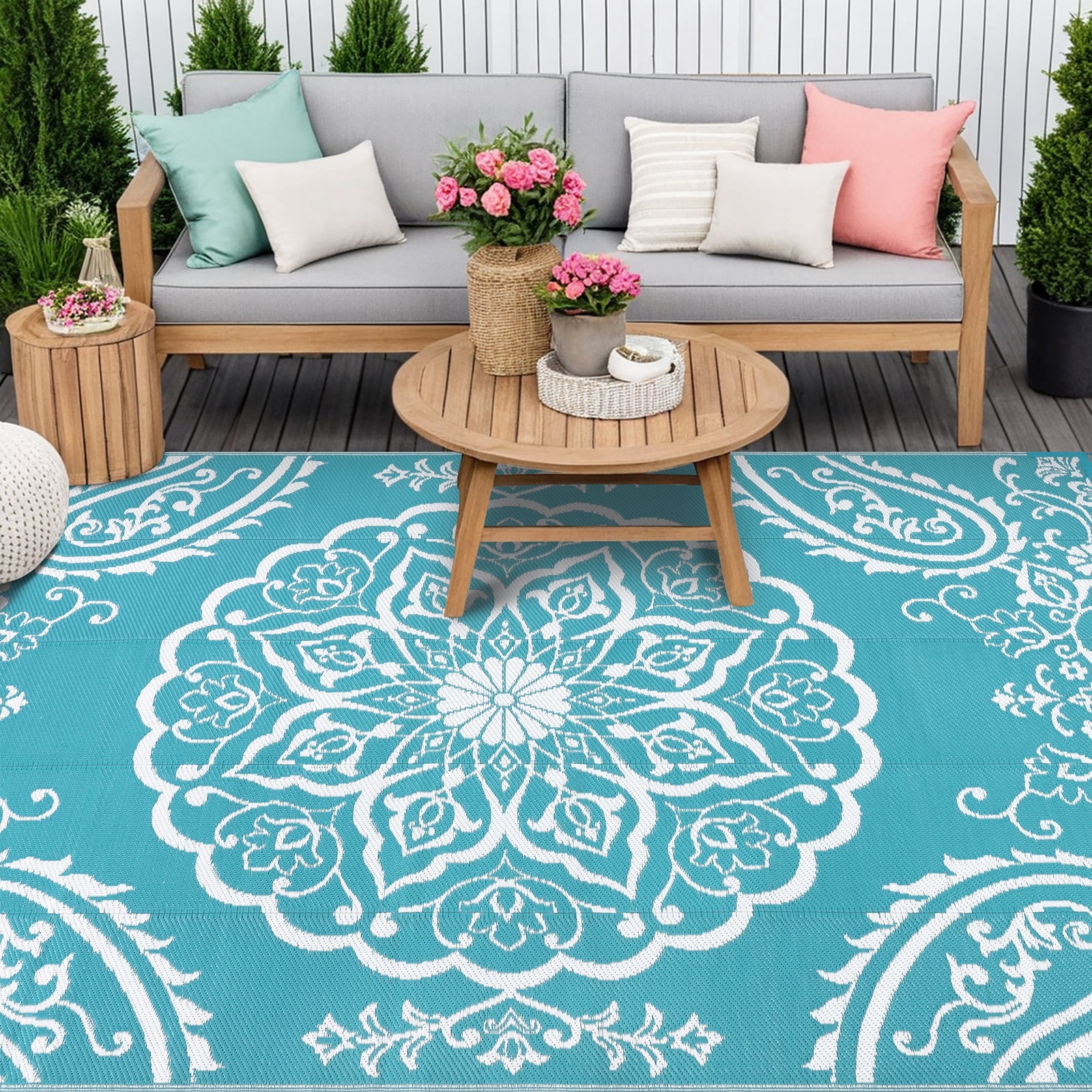 MeyJey 9'x12' Outdoor Rug, Patio Rug Waterproof RV Outdoor Rug Camping Rugs Reversible Plastic Mat for Camping, Balcony Apartment, Patio, Porch, Picnic, Beach, Teal