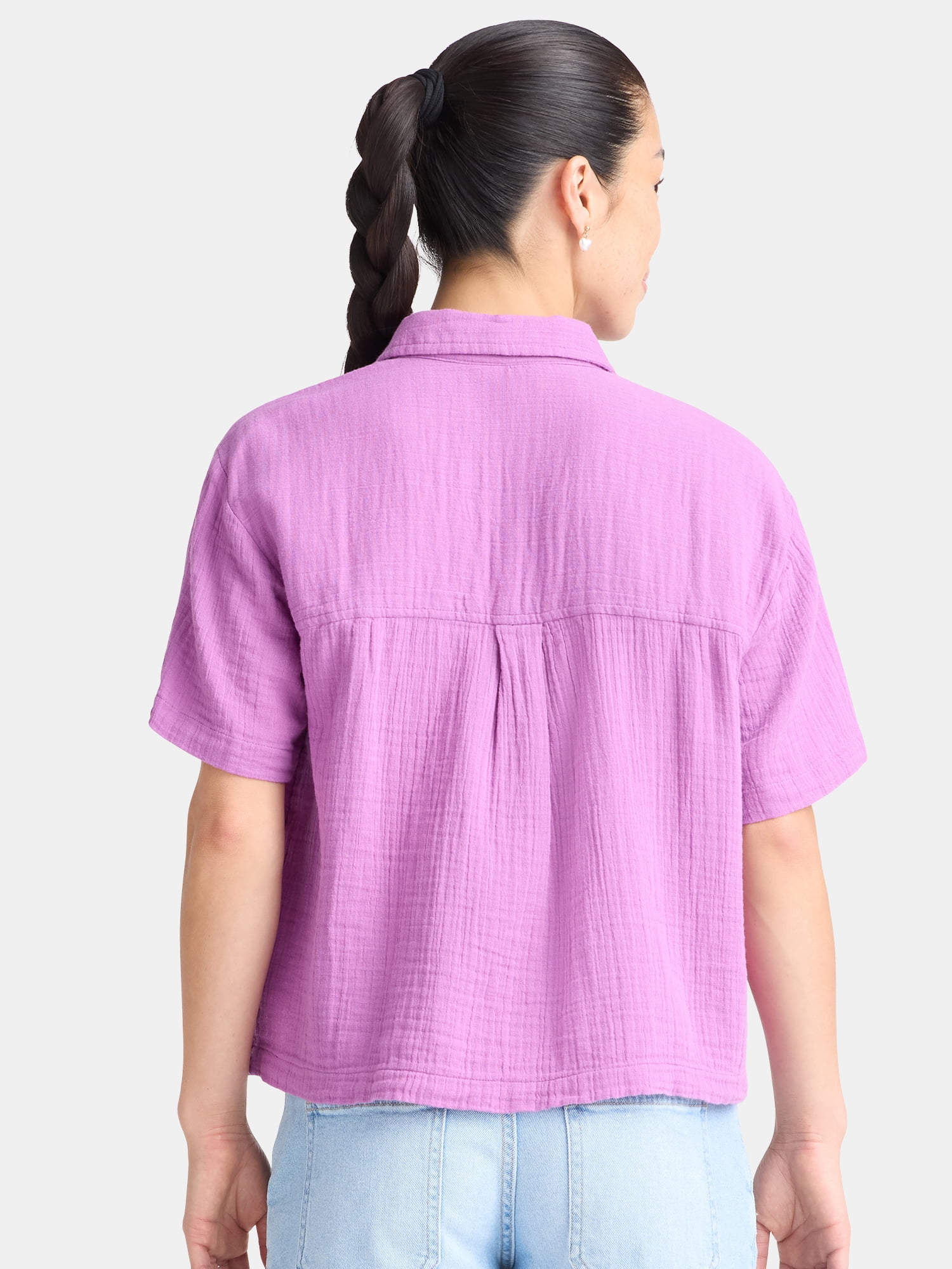 Time and Tru Women's Cotton Double Cloth Cropped Shirt, Size XS-XXXL