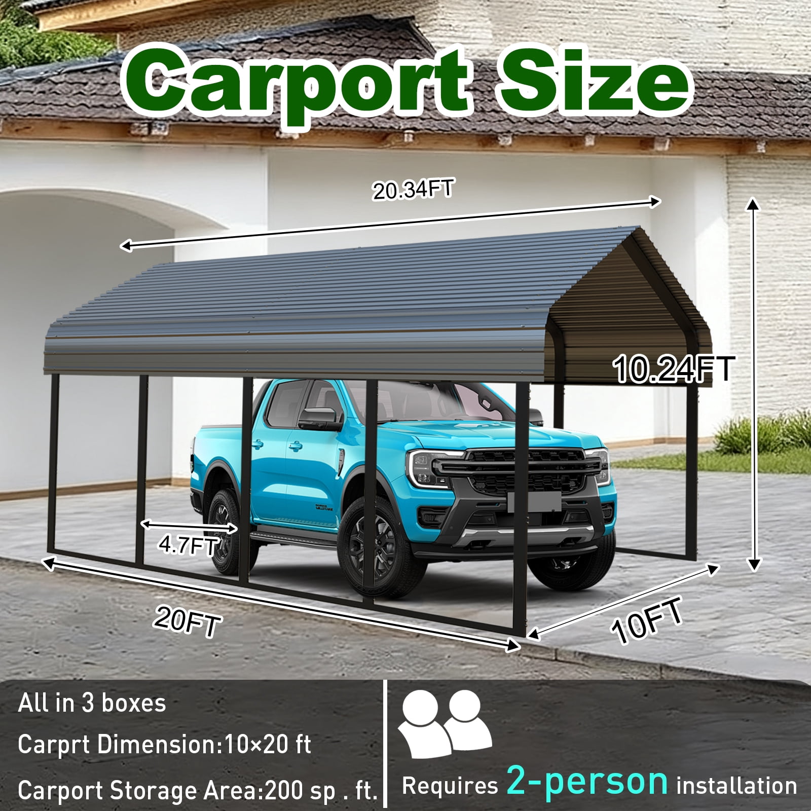 10x20FT Heavy Duty Metal Carport, All Weather Protection, Rust/Wind/UV Resistant, Portable Shelter for Cars, SUVs, Trucks, RVs, Boats