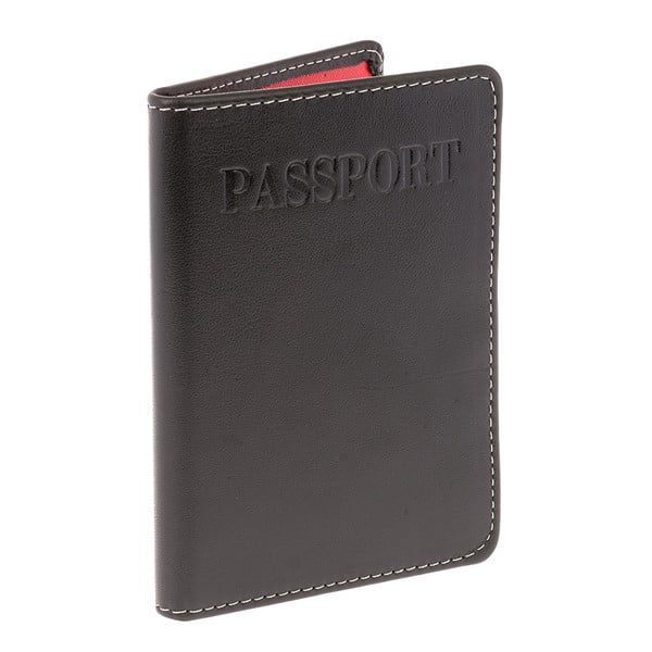 portapasaporte jennyfer rojo 9082-1 Portapasaporte de piel corte vacuno rojo y negro, vista 3/4 frontal con costura blanca visible y "PASSPORT" grabado en la cubierta; forro interior rojo, espacio para 4 tarjetas y solapa para documentos pequeños, ideal como accesorio de viaje.