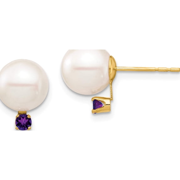 14K Yellow Gold 8-8.5mm White Round Freshwater Cultured Pearl Amethyst Post Earrings Made In Canada xf754e/am