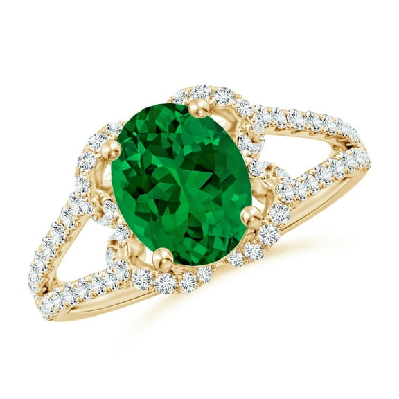 ANGARA Classic Oval Lab Grown 1.5 Ct Emerald Couture Engagement Ring for Women in 14K Yellow Gold (Size-9x7mm) | May Birthstone, Birthday, Anniversary, Jewelry Gift for Women | Lab-Grown Emerald Ring