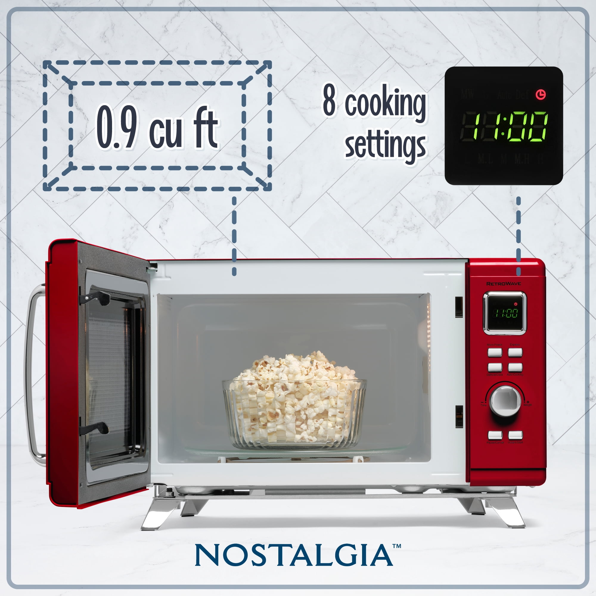 Nostalgia 0.9 cu ft Mid-Century Retro Microwave Oven, 900W Microwave Oven with LED Clock, Red
