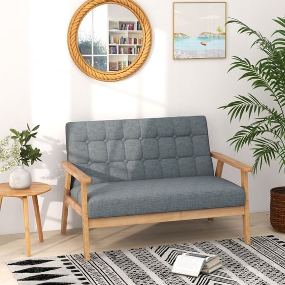 TOYTEXX Modern 2-Seat Loveseat Sofa, Solid Rubber Wood Frame, Tufted Linen-Style Upholstery, Padded Seat and Backrest, Compact Couch for Living Room, Bedroom or Office, Grey