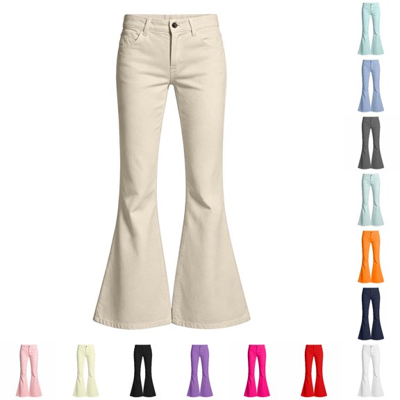 Trendfront Girls Flare Pants Mid Rise Button Zip Fly Belt Loops Front Pockets Full Length Trendy Casual Back To School Bottoms