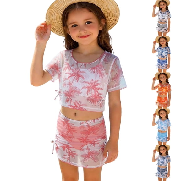 SROBPTY Kid Girls Swimsuit Set Print Short Sleeve Top Shorts 4 Piece Bathing Suits for 6-14 Years