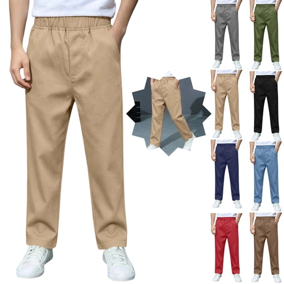 LEKWK Uniform Pants for Boys Pull-On Chino Pants Elastic Waist Casual Trousers with Pockets Preppy Lightweight Lounge School Formal Playwear 5-15Y