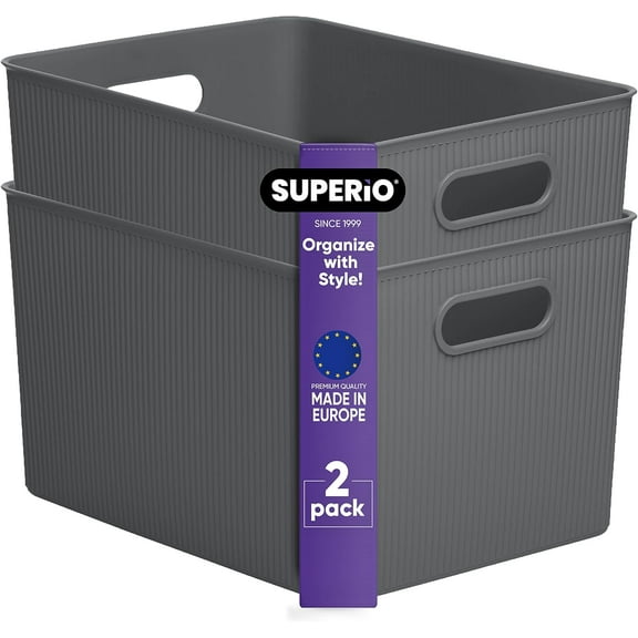 Superio Ribbed Plastic Storage Basket Organizer (2 Pack), 22 Liter Classic Closet Storage Bin for Shelf, Desk, Pantry â Store Toys, Clothes, Cosmetics, Stationary â Grey
