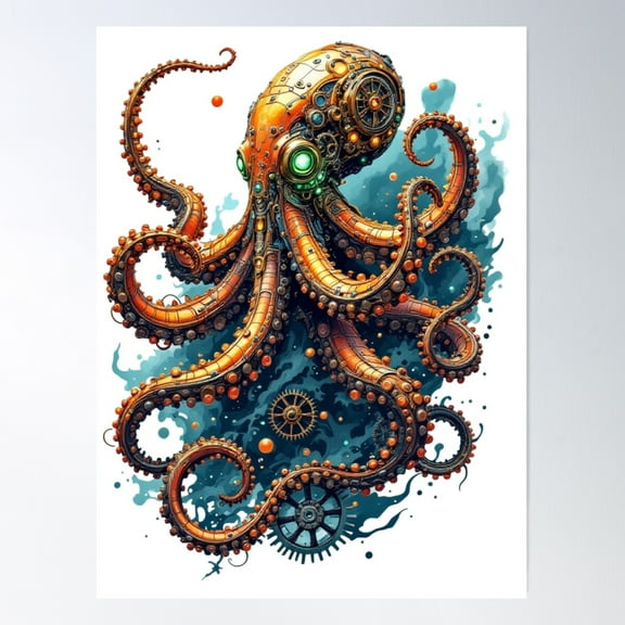 Steampunk Octopus Art - Intricate And Bold Design For All Occasions Poster Wall Art, Modern Wall Decor For Living Room Bedroom, 8x12 UNFRAMED