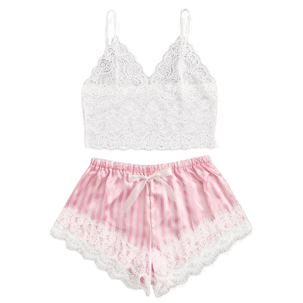 RKSTN Pajama Sets for Women 2 Piece V Neck Lace Bralette Pajamas Sleepwear Striped Satin Shorts Lingerie Set Soft Comfortable Pajamas Walmart