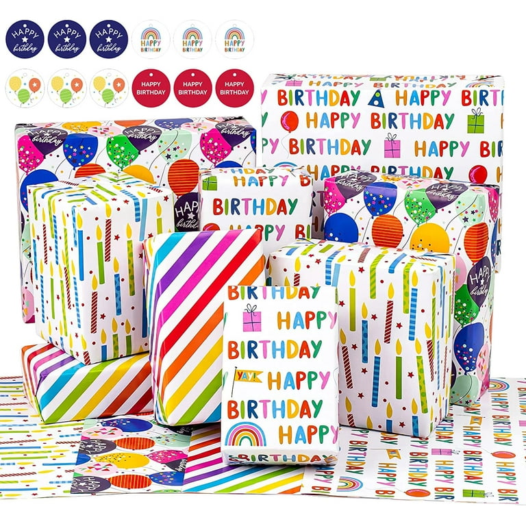 WRAPAHOLIC Birthday Wrapping Paper Sheet - 12 Sheets Folded Flat with 12  Gift Tags for Party, Baby Shower - 19.7 Inch X 27.5 Inch Per Sheet