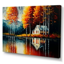 Designart Red And Orange Lake House With Birch Trees Canvas Wall Art