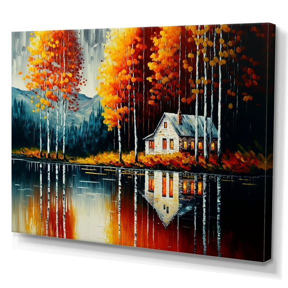 Designart Red And Orange Lake House With Birch Trees Canvas Wall Art