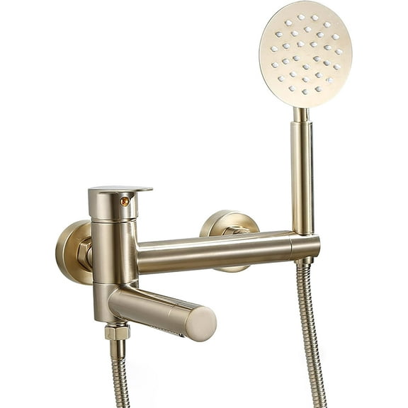 Swivel Bathtub Faucet Wall Mount Tub Filler Faucet Brass Bath Mixer Tap Single Handle 2 Holes Bathtub Tap with Handheld Shower Tub Shower Faucet, Brushed Gold