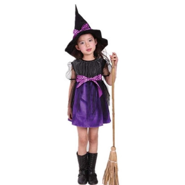 Disfraz de Bruja de Manga Corta con Cinturón de Lunares para Niños, Vestido de Halloween con Sombrero Puntiagudo para Fiesta de Disfraces
