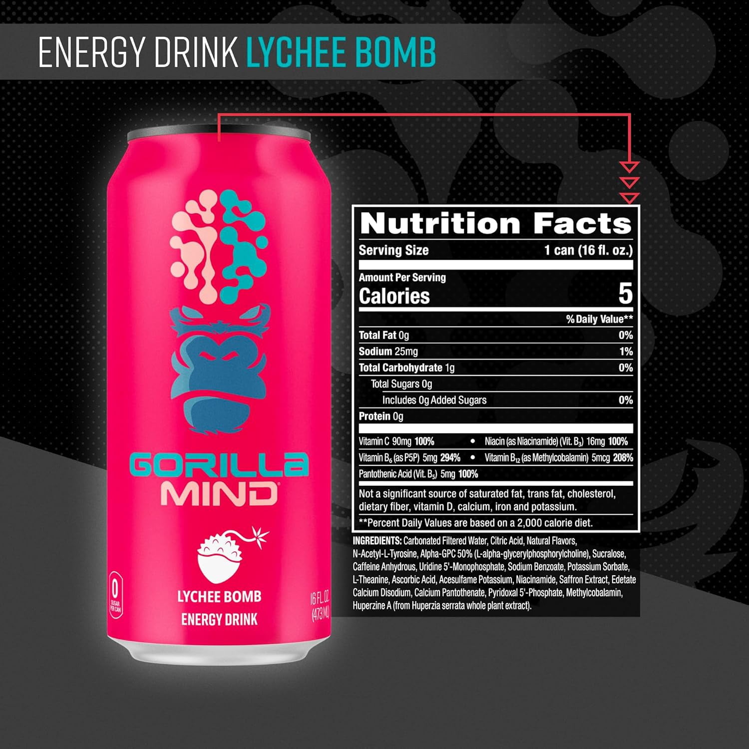 Gorilla Mind Energy Drink, No Sugar or Artificial Colors, Lychee Bomb, 16 oz, 12 pack Cans