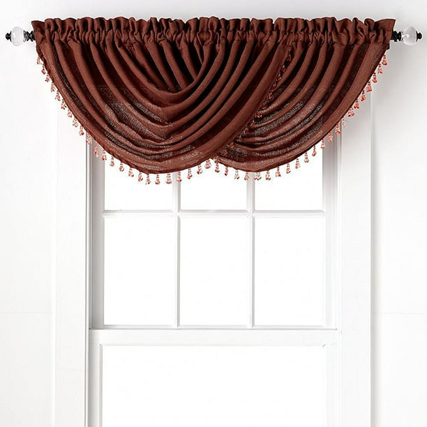 2 Pack Beaded Emerald Crepe Waterfall Valances Terracotta Red, White Waterfall Valances Curtains