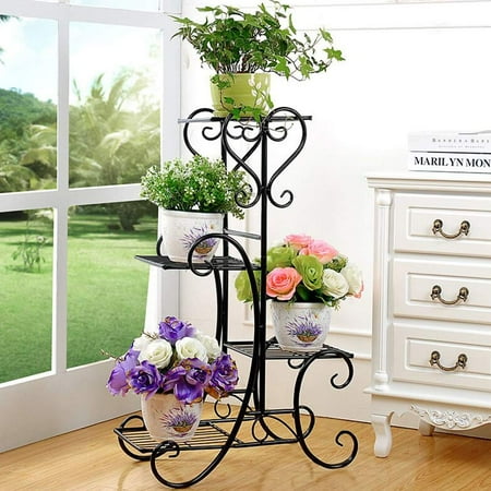 Outdoor Planter Stands Wrought Iron 4 Tier Square Plant Stand Metal Flower Holder Pot Garden Decoration Display Wrought Iron 4 Layers Planter Rack Shelf Organizer for Indoor Outdoor Home Office Black ()