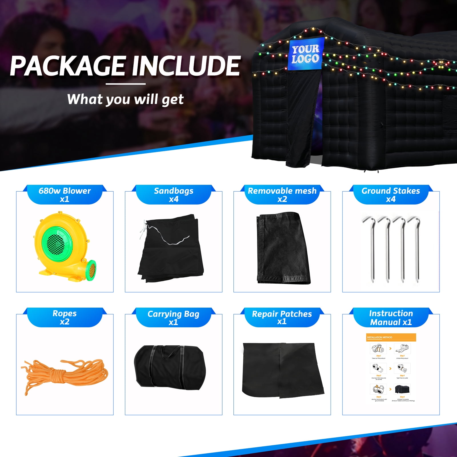 Step4Fun Large Black Inflatable Night Club 18x16x12Ft Party Tent with Logo Area for Wedding Birthday