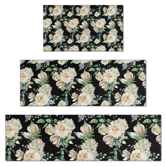Pioneer Flower Floral Print Pattern Kitchen Rugs Sets Of 3,Kitchen Runner Rugs Non Skid Washable,Decorative Kitchen Floor Mats for Kitchen,Sink,Laundry,17"x30" 17"x47" 17"x59"