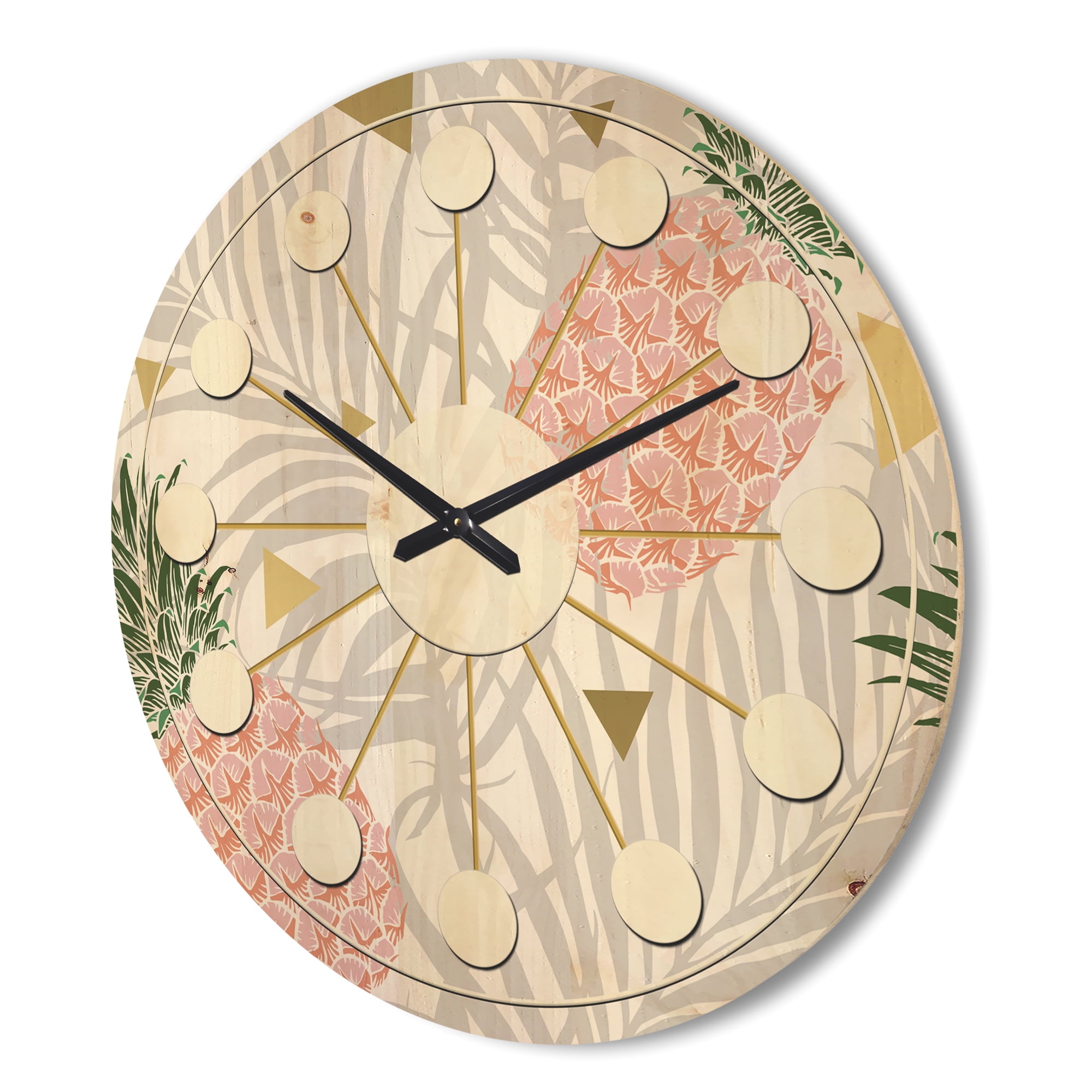 Designart 'Pineappple On Tropical Leaves Retro Pattern' Mid-Century Modern Wood Wall Clock