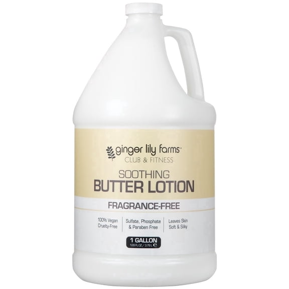Ginger Lily Farms Club & Fitness Soothing Butter Lotion for Dry Skin, 100% Vegan & Cruelty-Free, Fragrance Free, 1 Gallon (128 fl oz) Refill