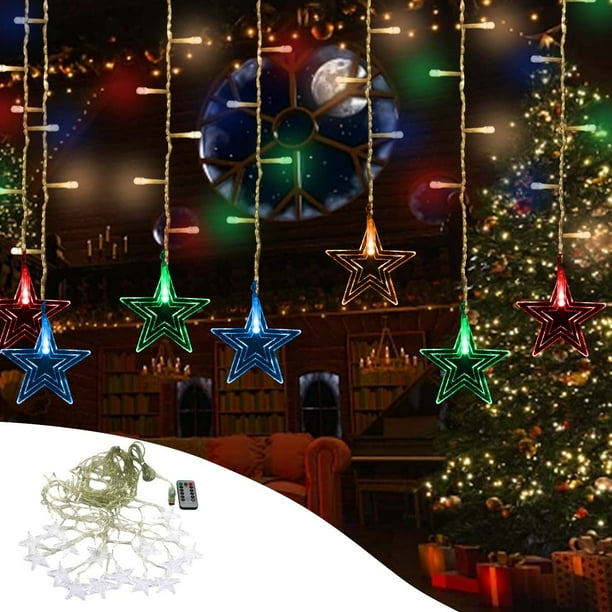pstuiky Cortina de luces navideñas con forma de estrella decoración para fiestas en casa 16 estrellas 80 mini luces LED de 3,5 m para decoración navideña.