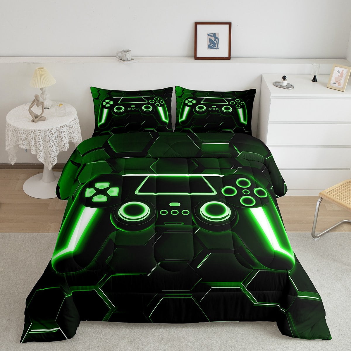 Feelyou 3D Gamepad Bedding Comforter Set, Neon Honeycomb Geometric Twin Comforter Sets, Boys Gaming Gamer Bedding Set, Ultra Soft Room Decor, 2pcs
