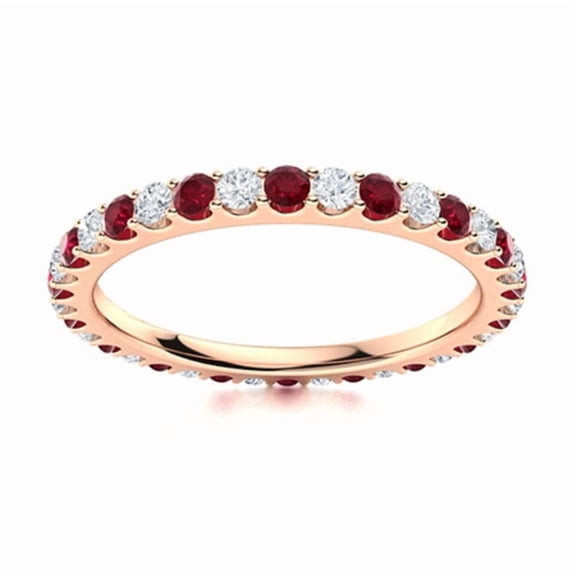 Full Eternity 2MM Round White Topaz & Ruby 925 Sterling Silver Rose Plated Ring