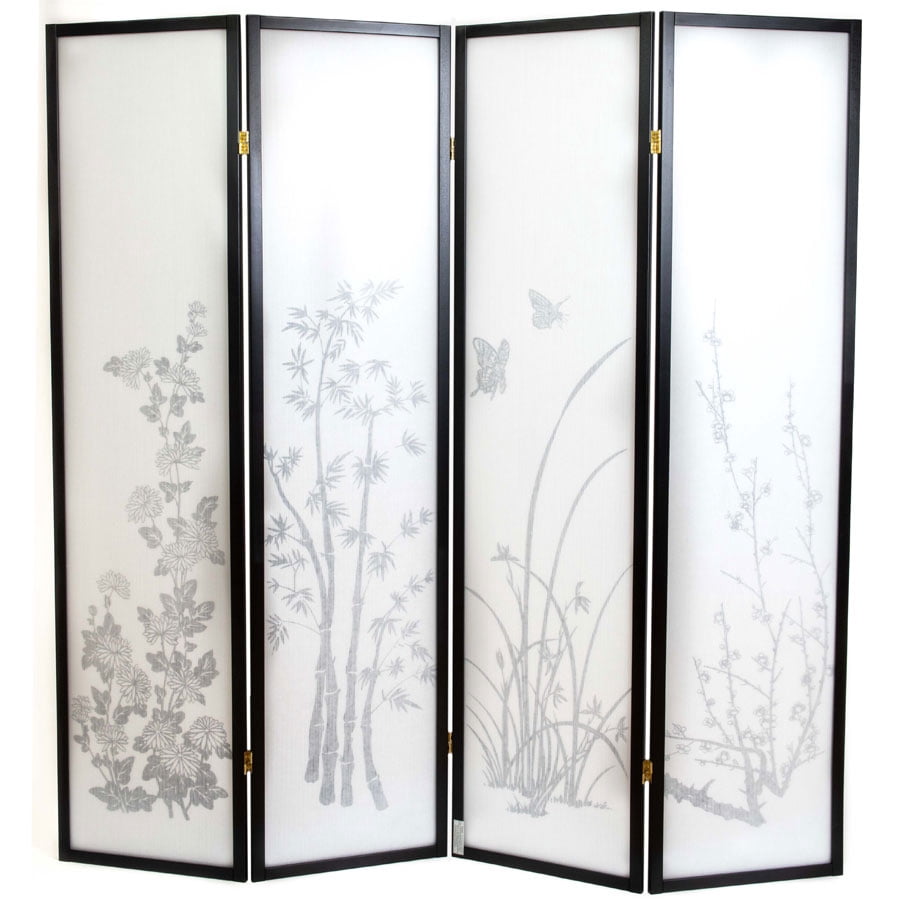 Legacy Decor Japanese Oriental Style Bamboo Flower Design 4 Panel Room Divider 71" Tall Black