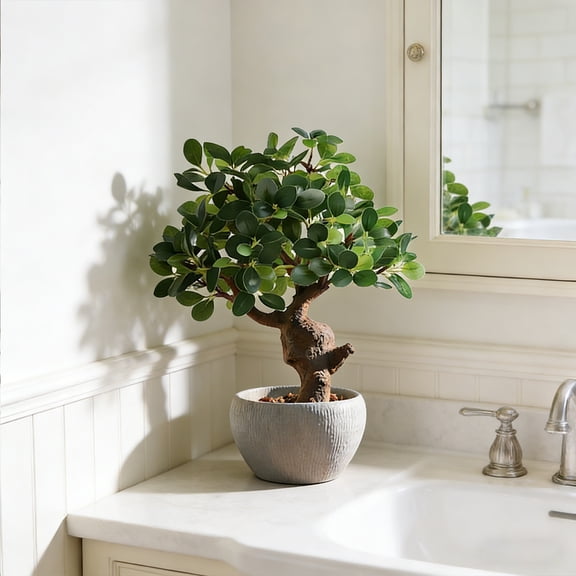Ficus Artificial Tree Artificial Tree with Plastic Planter Faux Plastic Leaves Plant for Home Office Indoor Tabletop Desk Kitchen Living Room Bedroom