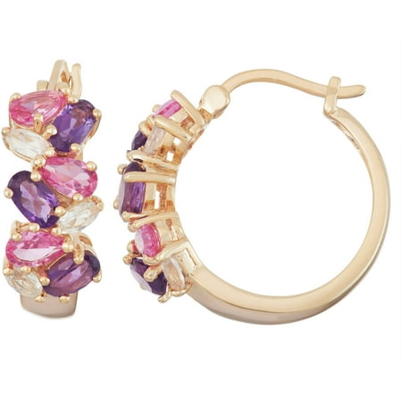 Amethyst and Created Pink Sapphire 1 Micron Yellow Gold over Sterling Silver Cluster Hoop Earrings