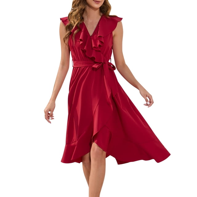 Hyknon Summer Dresses for Women New Fashion Ruffle Sleeve V Neck Temperament Midi Dresses with Belt Basic Solid Color Slit Flowy Beach Dresses