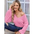 thumbnail image 6 of Women'S Long Sleeve Tops V Neck Lantern Sleeve Blouse Dressy Casual Ribbed Knit Tunics Loose Fit Fall Shirts 2025 Pink S, 6 of 8