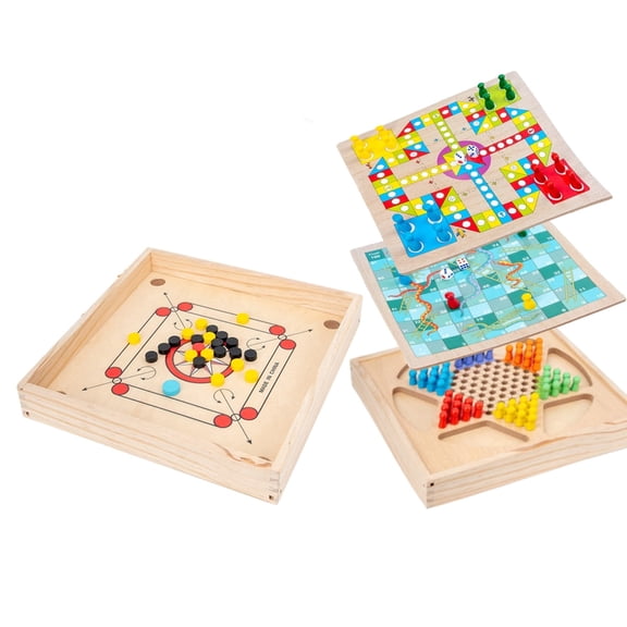4-in-1 Multi-Game Wooden Board Set - Carom Game Board, Chinese Checkers, Snakes & Ladders, Ludo for All Ages& Adults, Family Game Night - 12'' Square