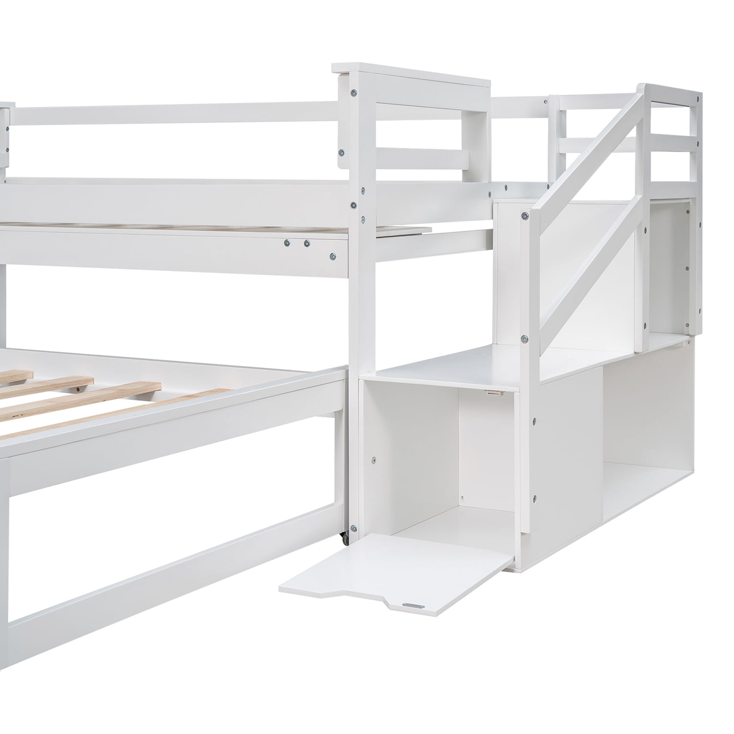 Kepooman Twin Size Daybed with Double Trundle, Flexible Shelf and Storage Staircase, White Kepooman Twin Size Daybed with Double Trundle, Flexible Shelf and Storage Staircase, White