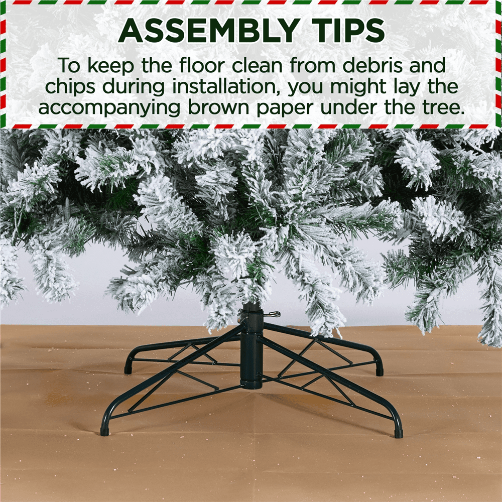 Alden Design 12Ft Pre-lit Flocked Artificial Christmas Tree with Incandescent Warm White Lights, Green