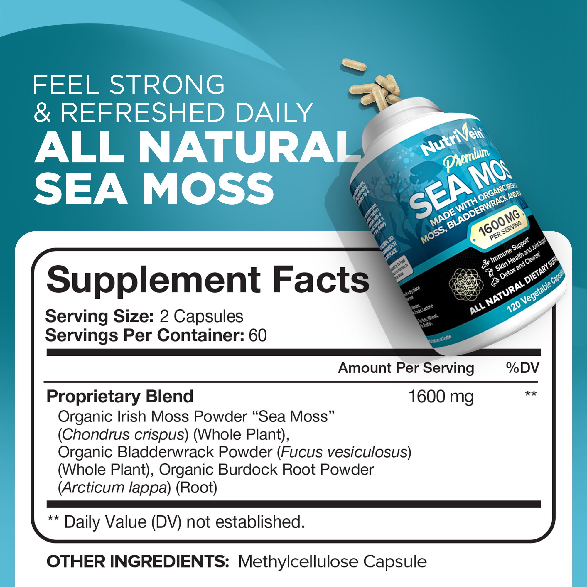 Nutrivein Organic Sea Moss 1600mg - 120 Capsules - Keto Detox, Gut, Joint Support - image 2 of 7