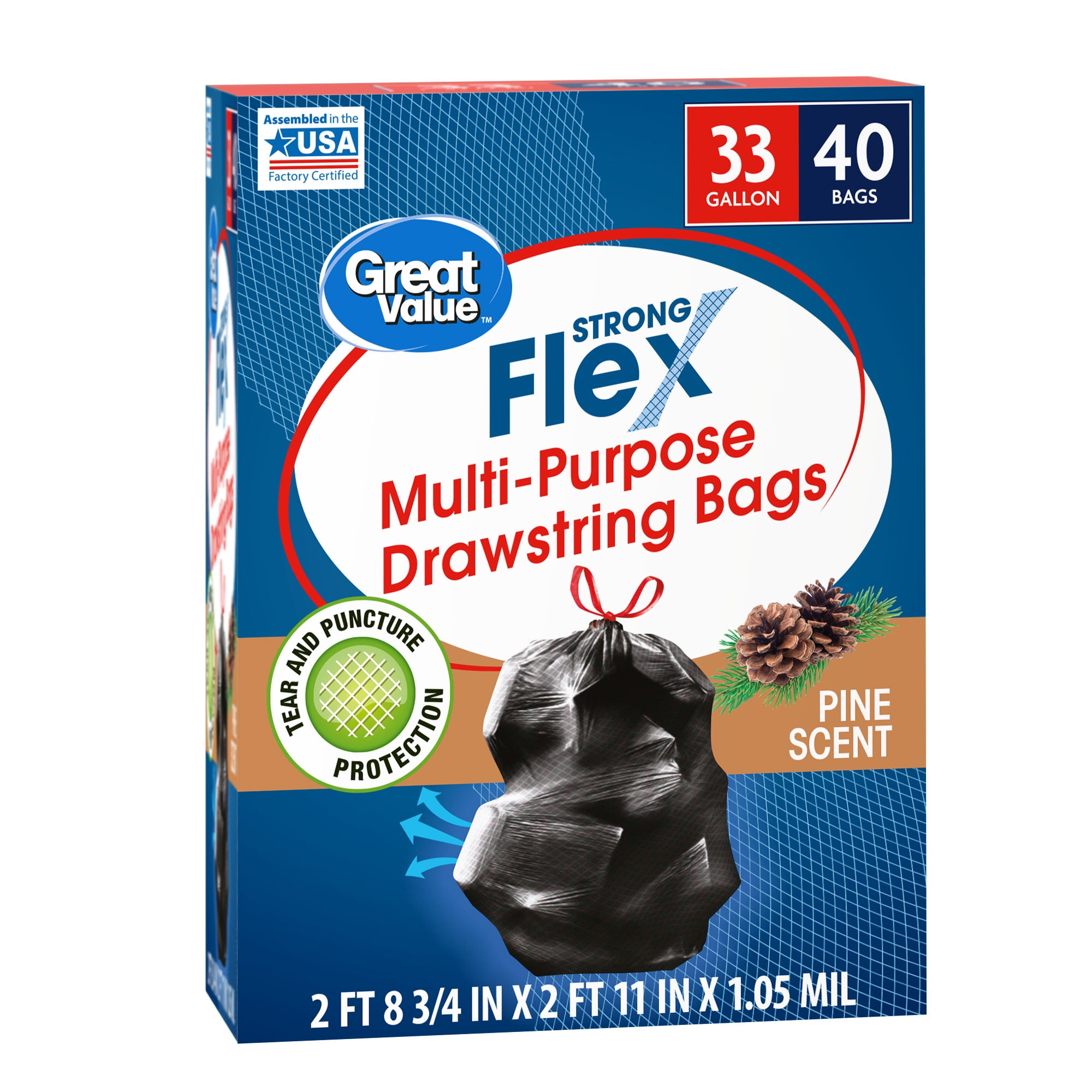 Great Value Strong Flex MultiPurpose Drawstring Trash Bags, Pine Scent