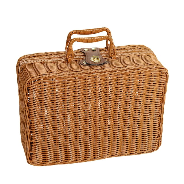 Caja de Picnic Tejida Caja de Almacenamiento Tejida Retro Inodora de Ratán de Plástico con Mango en Forma de Anillo para Exteriores Color Madera S YUNYI BRAND Deportes