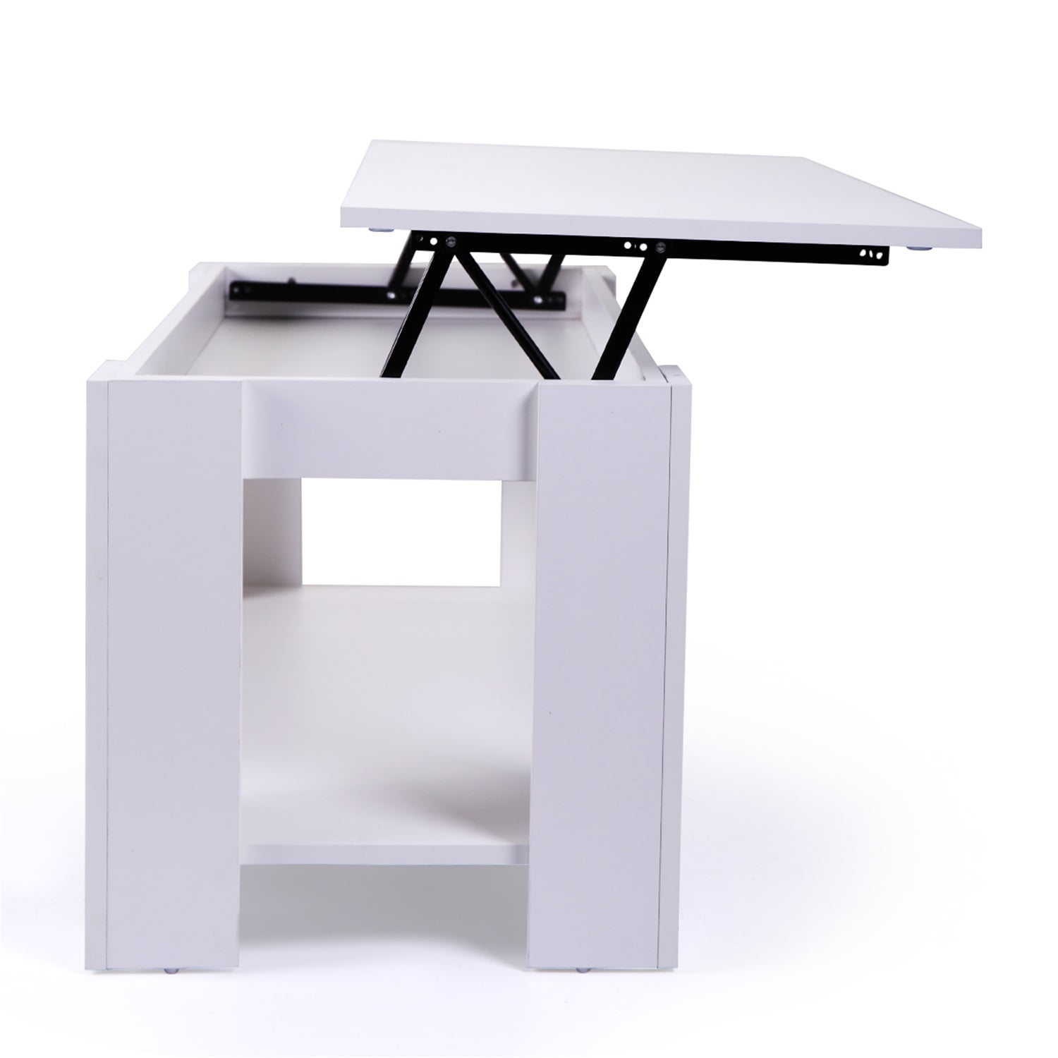 Kadyn Wooden Elevator Top Coffee Table, Mid-century Modern Coffee Table with Hidden Compartments and Open Shelving, Can Be Raised Top Central Coffee Table, White Kadyn Wooden Elevator Top Coffee Table, Mid-century Modern Coffee Table with Hidden Compartments and Open Shelving, Can Be Raised Top Central Coffee Table, White