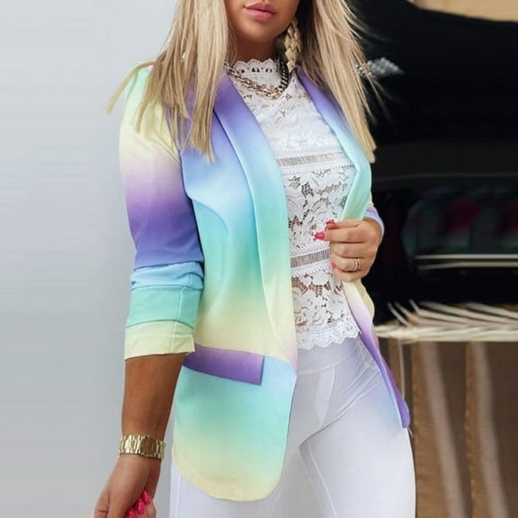 ClodeEU Women Gradient Print Fashion Long Sleeve Notched Loose Casual Blazers Top Coat Purple 12(XXL)