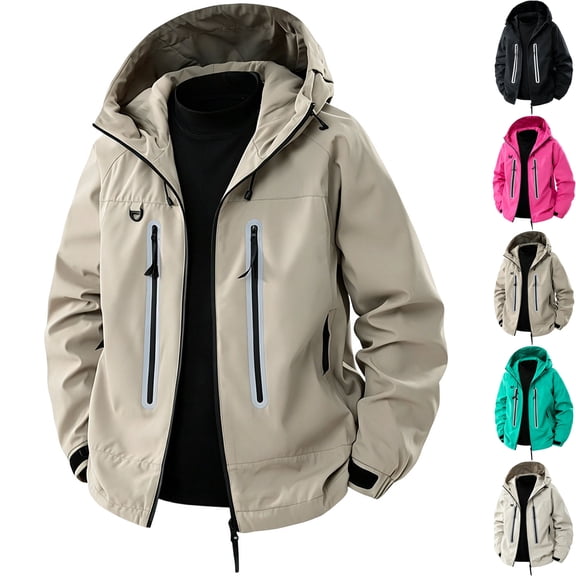 Men's Hooded Shell Jacket Water Repellent Windbreaker Coat Performance Travel Outerwear with Zipper Pockets for Hiking Camping Golf Fall Winter, Khaki, XL