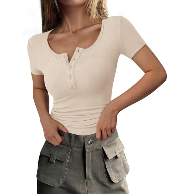 Remera PRETTYGARDEN 2025 Slim Fit Henley con Botones Beige XS