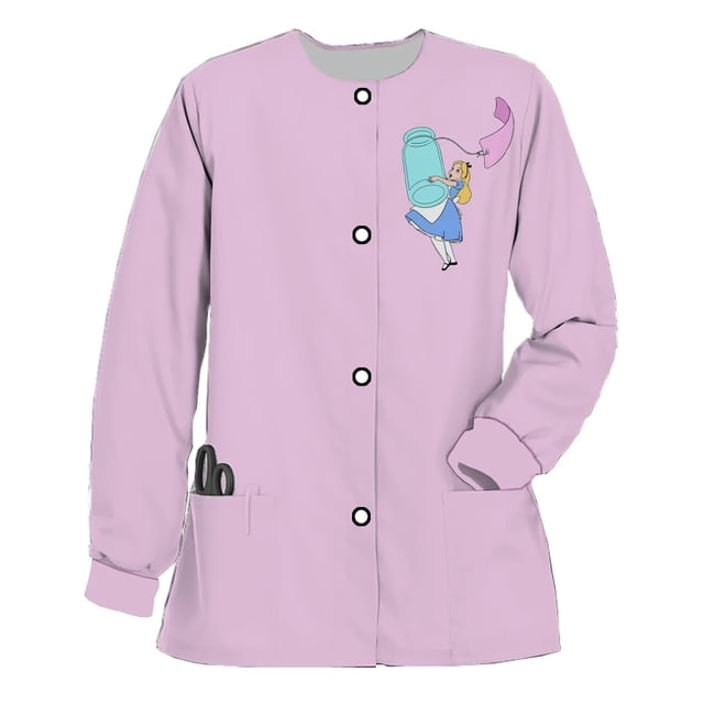 Chaqueta de uniforme de enfermera para mujer, estampado de Disney, Alicia en el país de las Maravillas, manga larga, cuello redondo, Top exfoliante, abrigo Dental, primavera y otoño